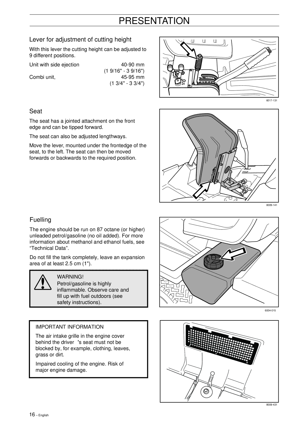 Husqvarna Rider 15V2 manual Lever for adjustment of cutting height, Seat, Fuelling 