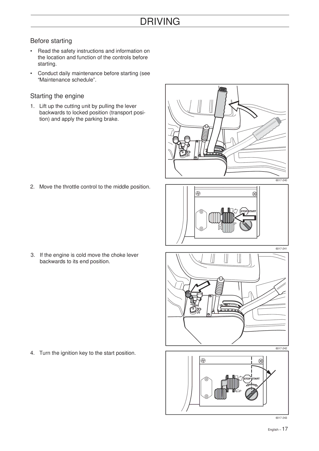 Husqvarna Rider 15V2 manual Driving, Before starting, Starting the engine 