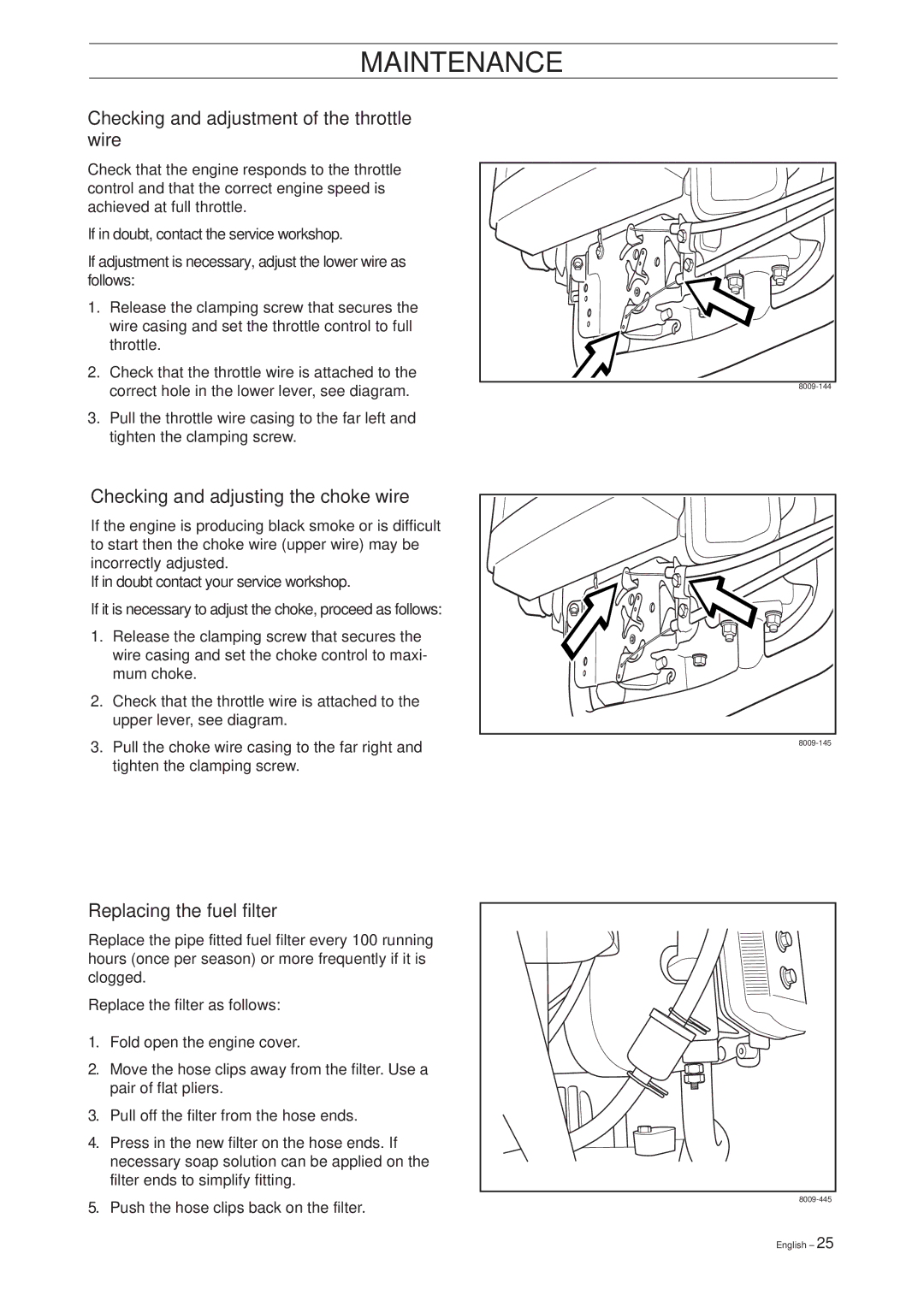 Husqvarna Rider 15V2 manual Checking and adjustment of the throttle wire, Checking and adjusting the choke wire 