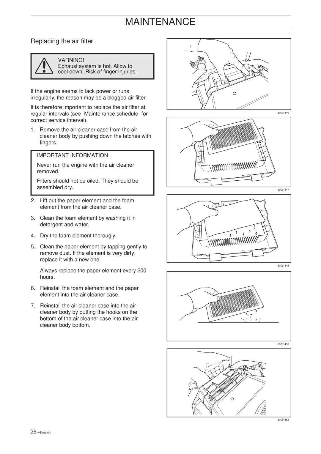 Husqvarna Rider 15V2 manual Replacing the air filter, Varning 