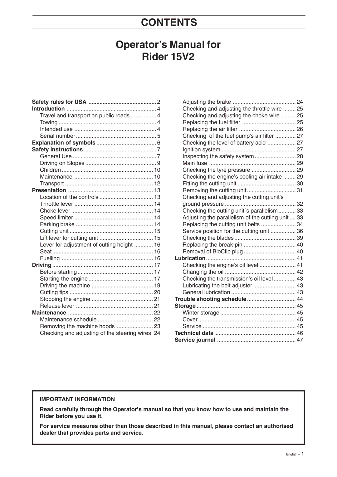 Husqvarna Rider 15V2 manual Contents 