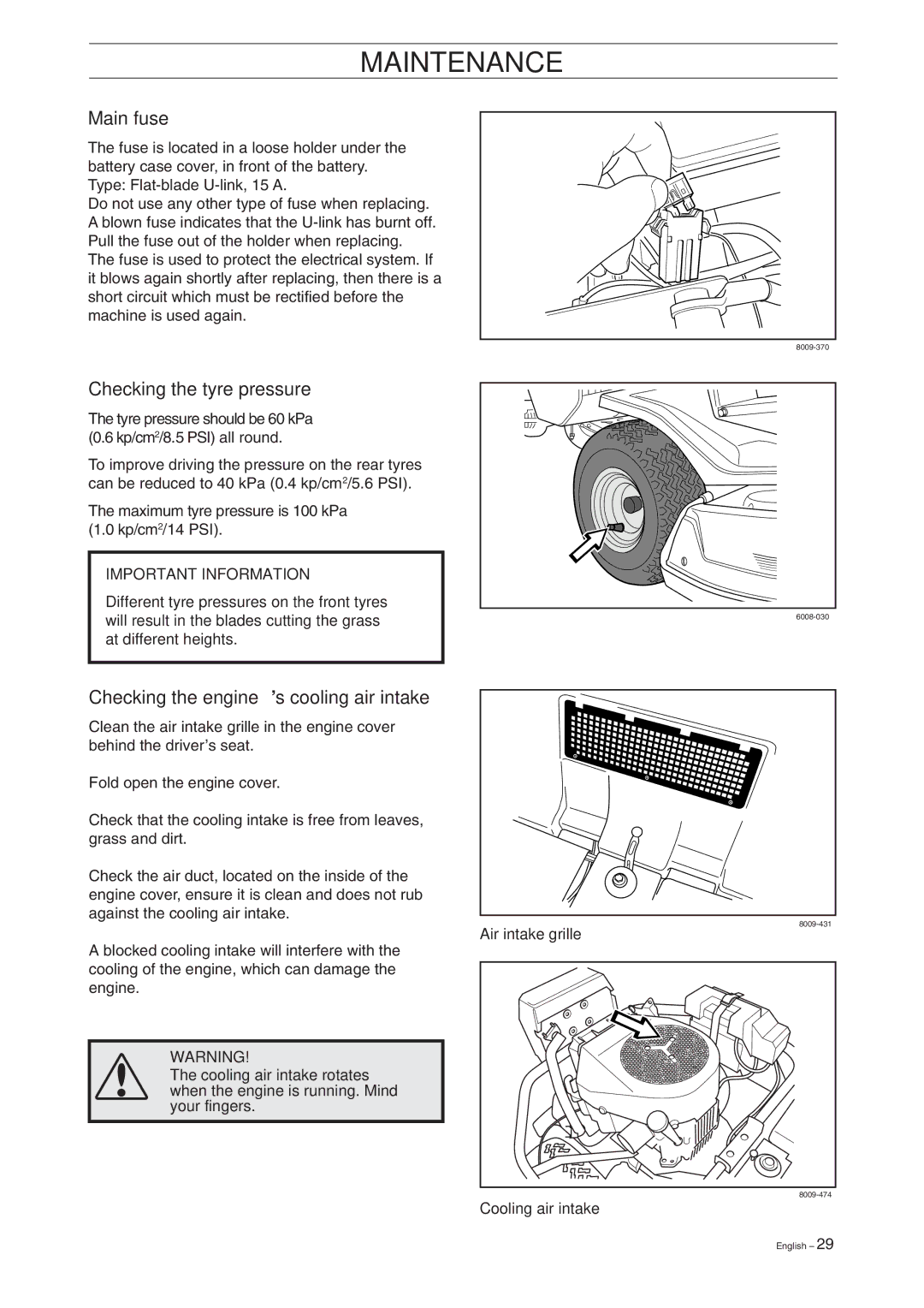 Husqvarna Rider 15V2 manual Main fuse, Checking the tyre pressure, Checking the engine’s cooling air intake 