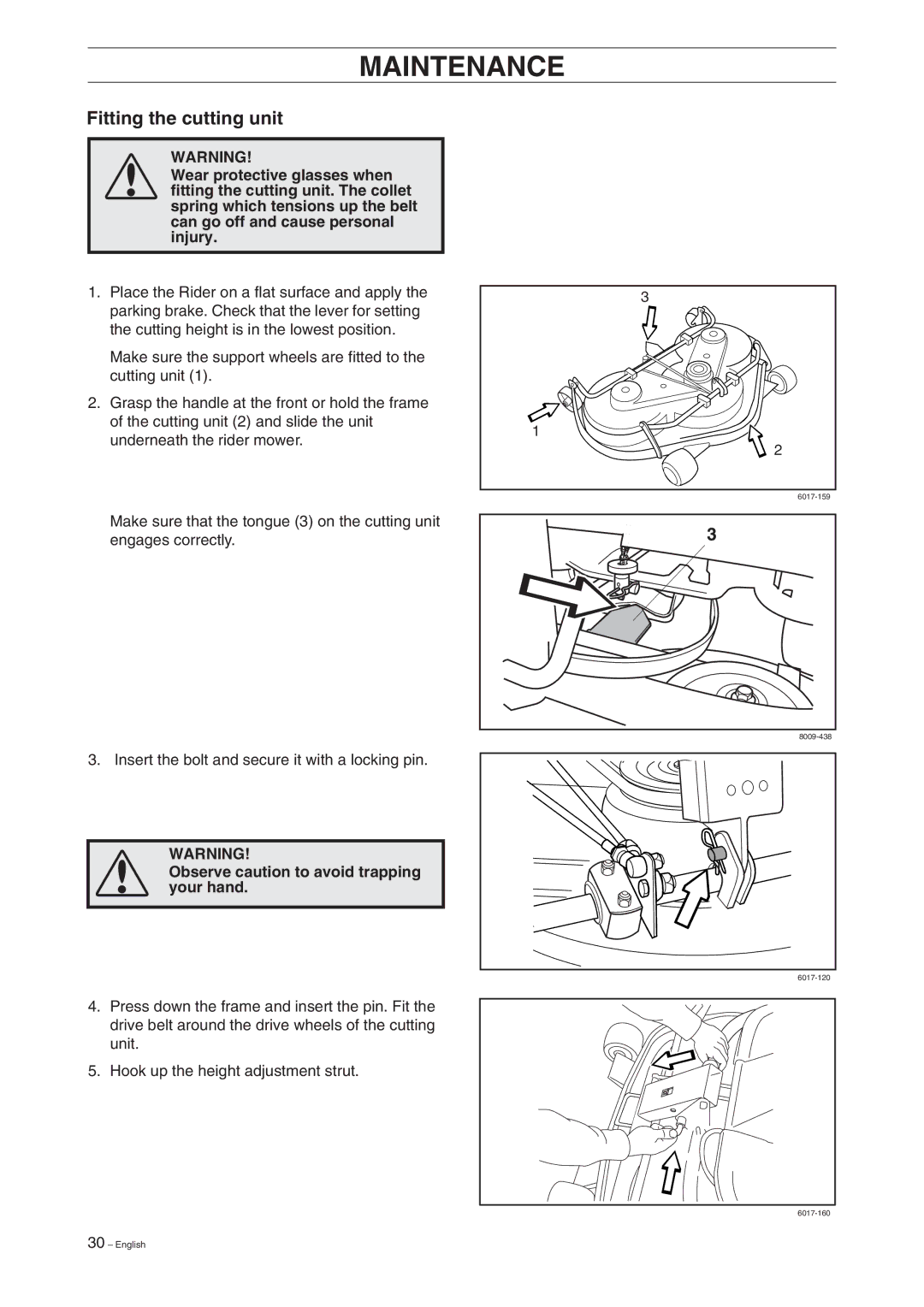 Husqvarna Rider 15V2 manual Fitting the cutting unit, Observe caution to avoid trapping your hand 