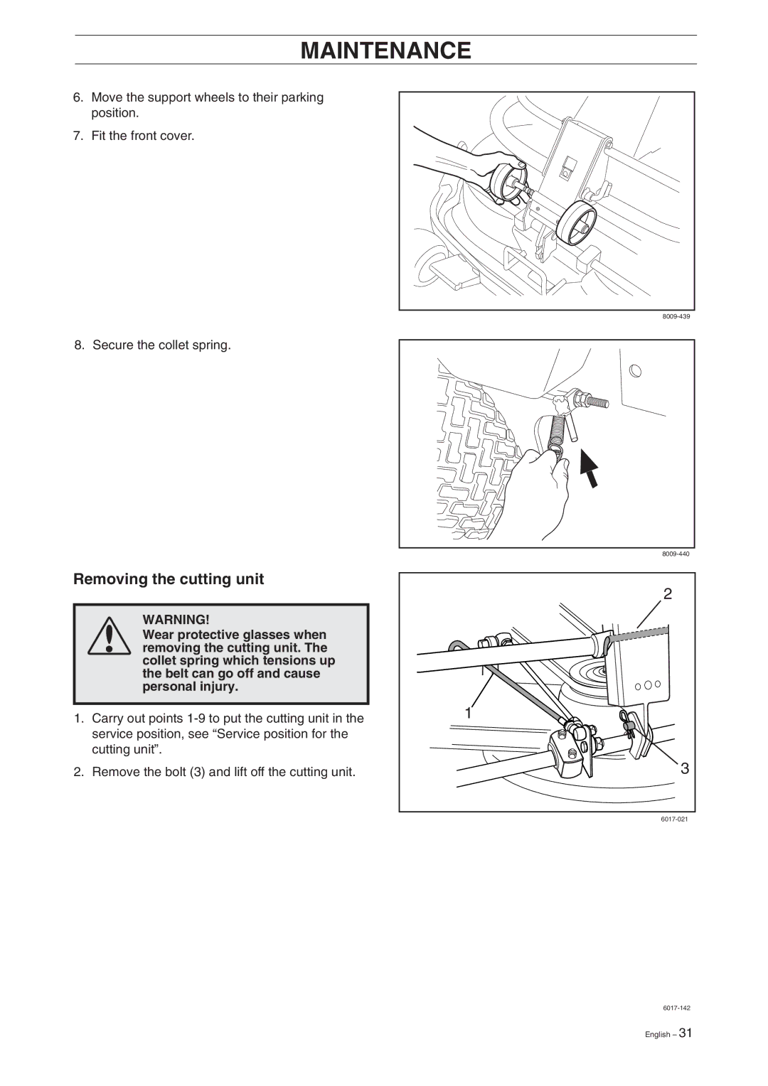 Husqvarna Rider 15V2 manual Removing the cutting unit 