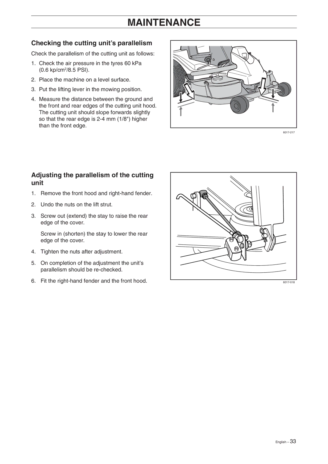 Husqvarna Rider 15V2 manual Checking the cutting unit’s parallelism, Adjusting the parallelism of the cutting unit 