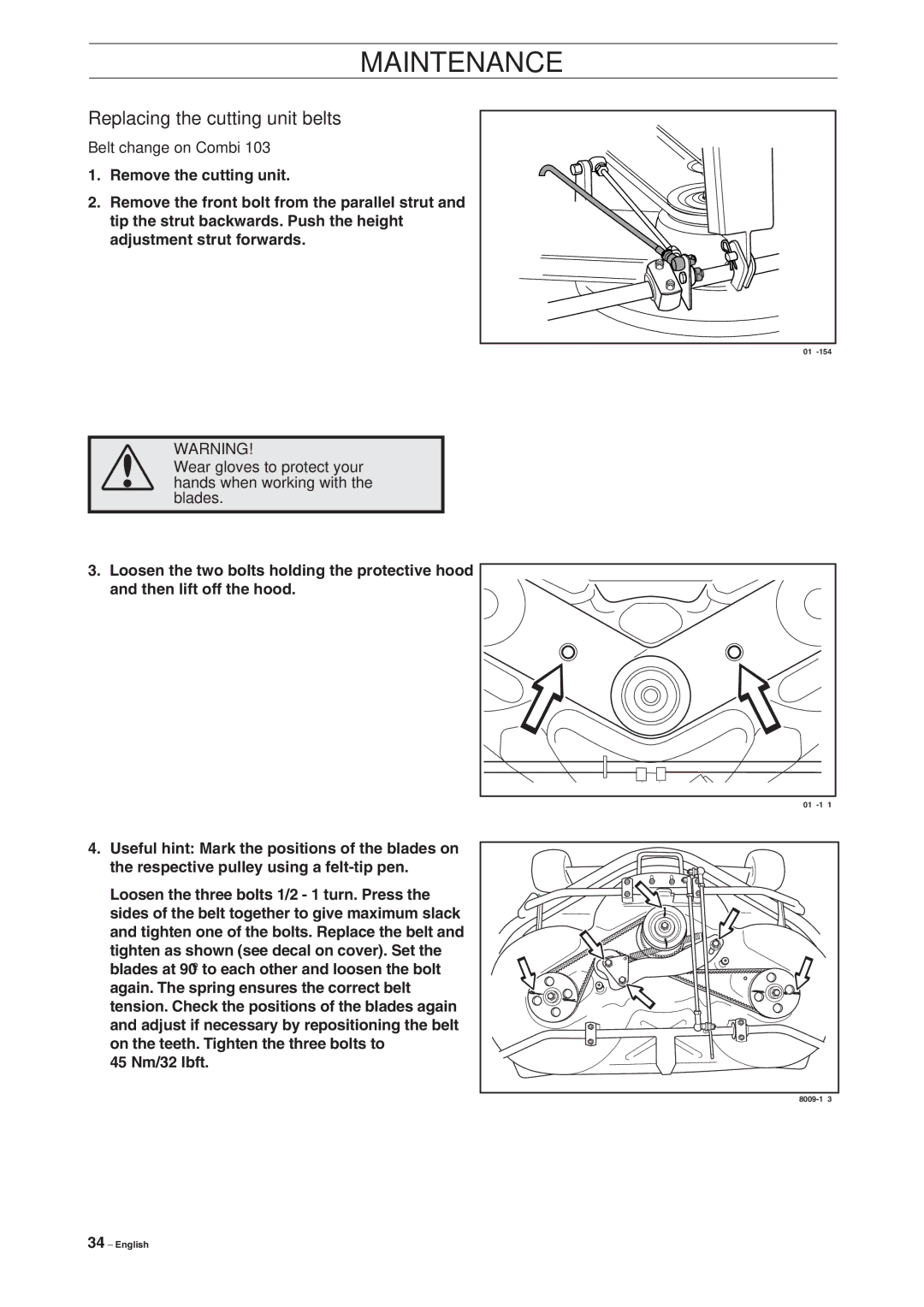 Husqvarna Rider 15V2 manual Replacing the cutting unit belts, Belt change on Combi 