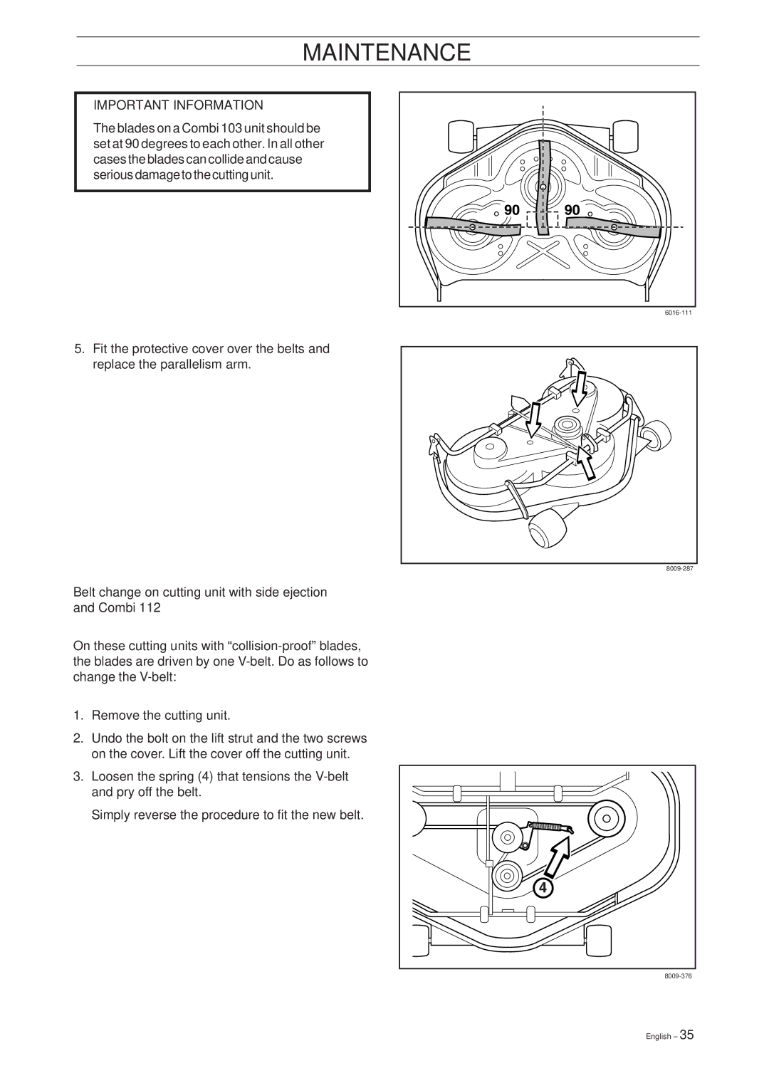 Husqvarna Rider 15V2 manual Belt change on cutting unit with side ejection and Combi 