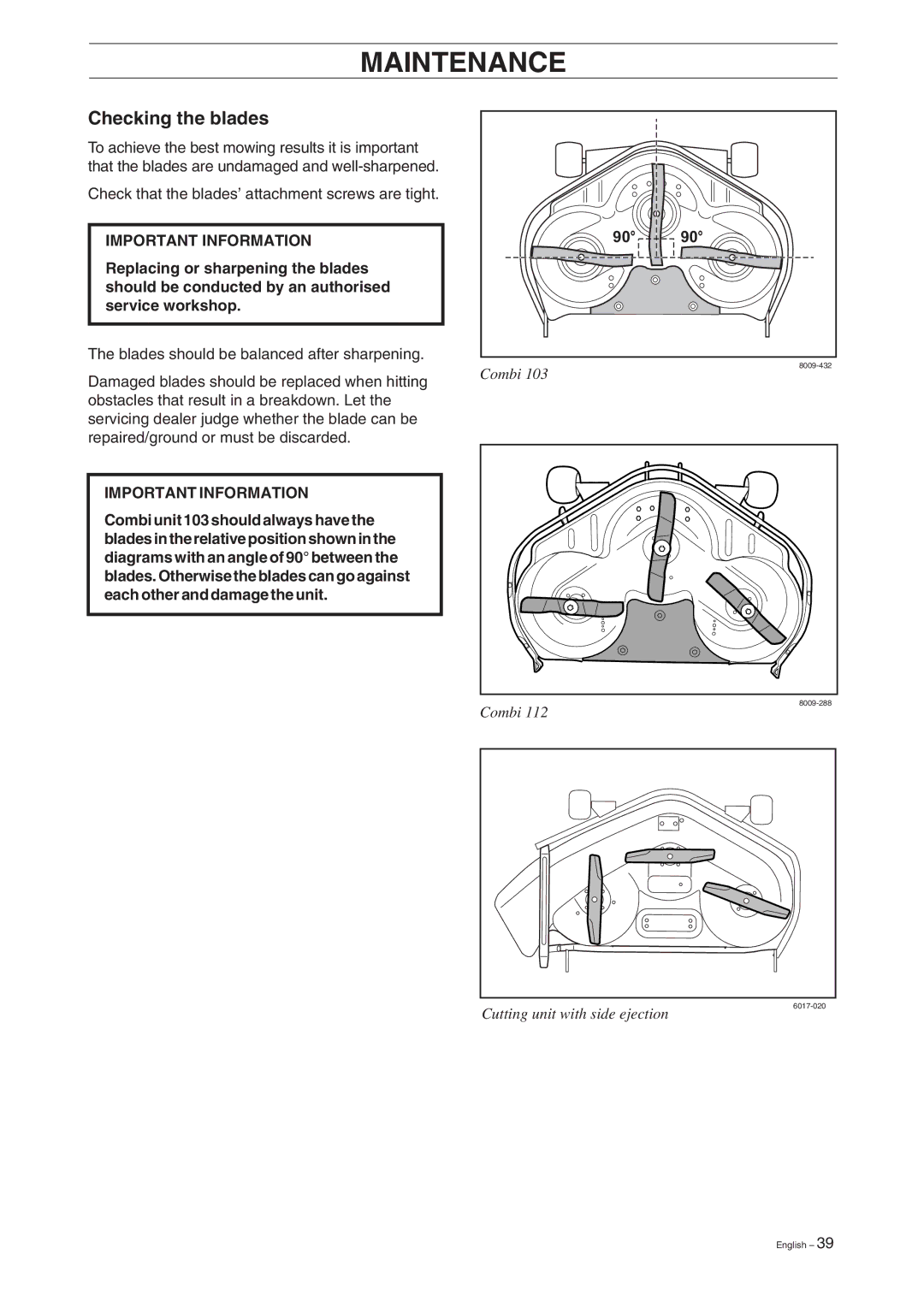 Husqvarna Rider 15V2 manual Checking the blades 