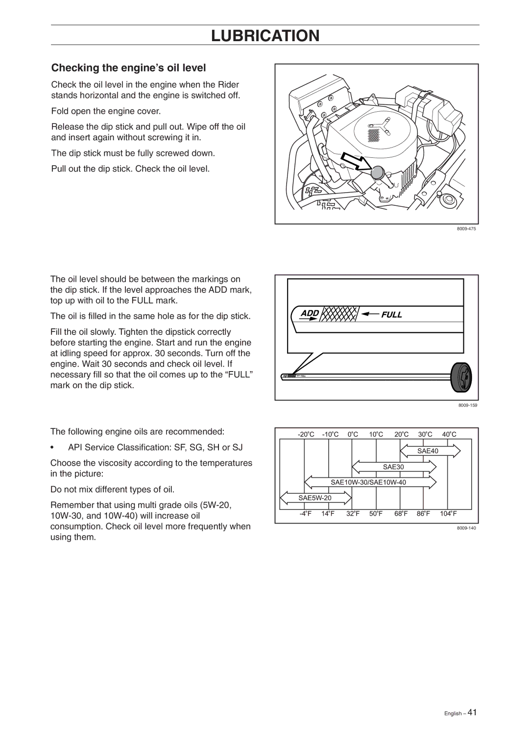 Husqvarna Rider 15V2 manual Lubrication, Checking the engine’s oil level 