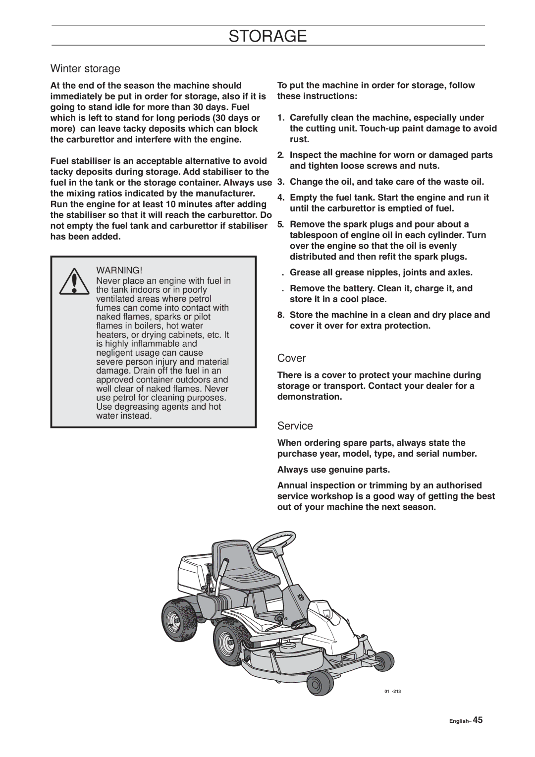 Husqvarna Rider 15V2 manual Storage, Winter storage, Cover, Service 