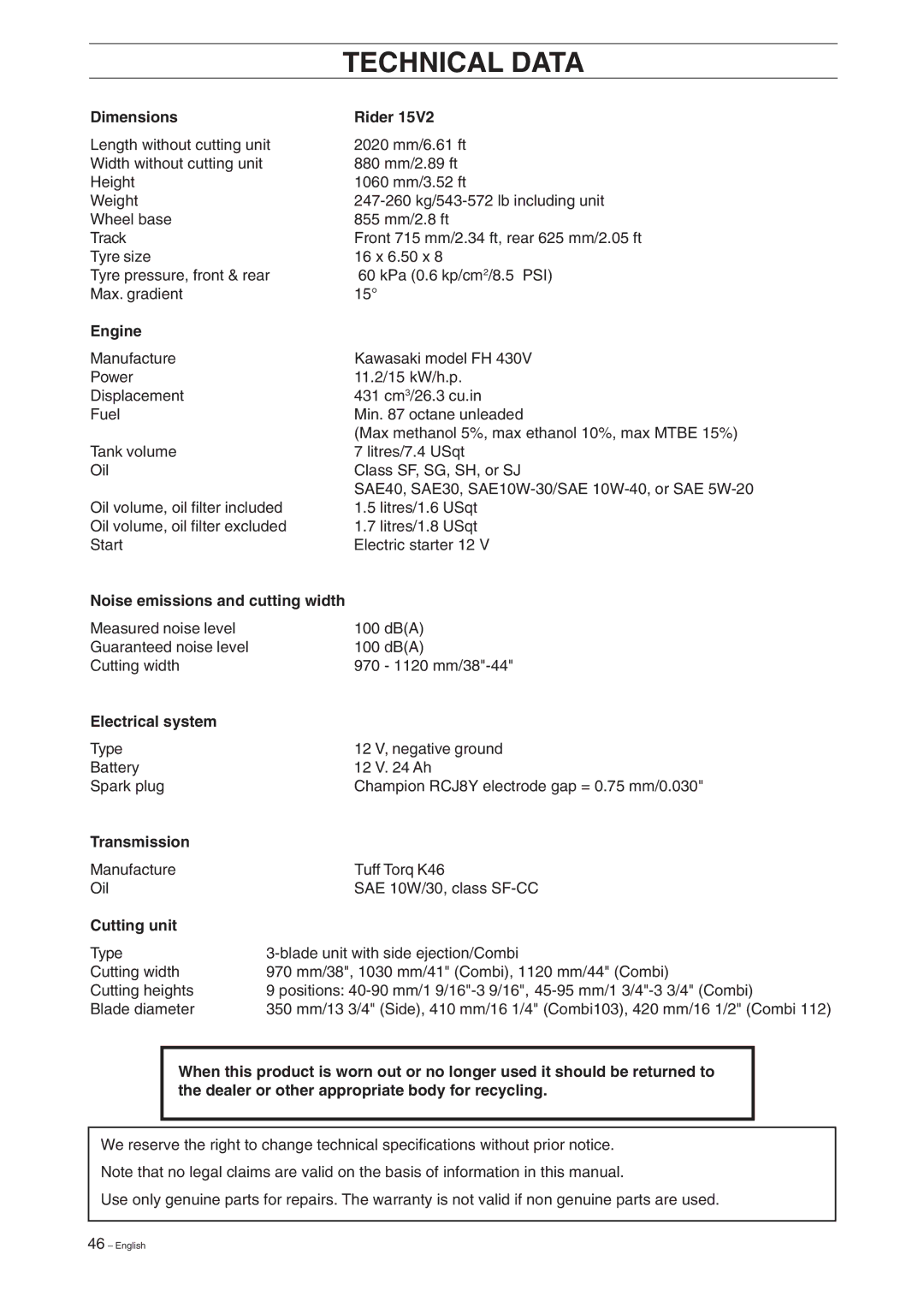 Husqvarna Rider 15V2 manual Technical Data 