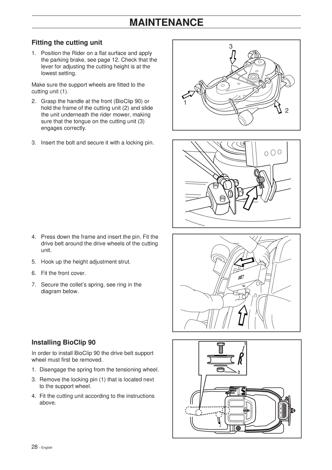 Husqvarna Rider 16 manual Fitting the cutting unit, Installing BioClip 