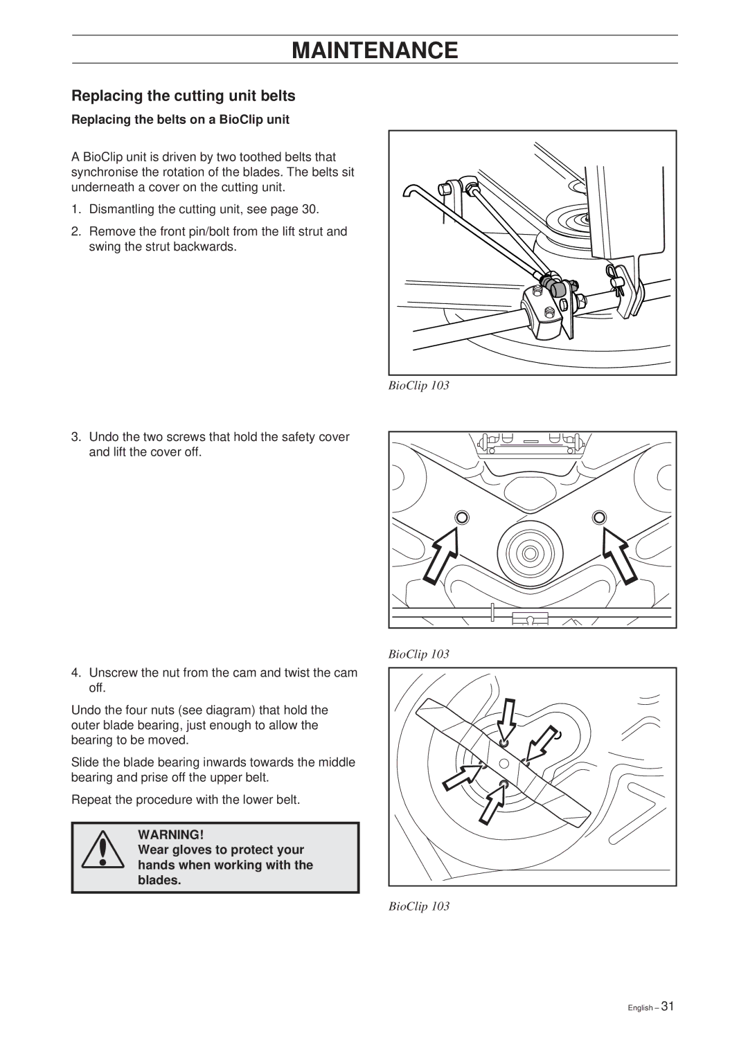 Husqvarna Rider 16 manual Replacing the cutting unit belts, Replacing the belts on a BioClip unit 