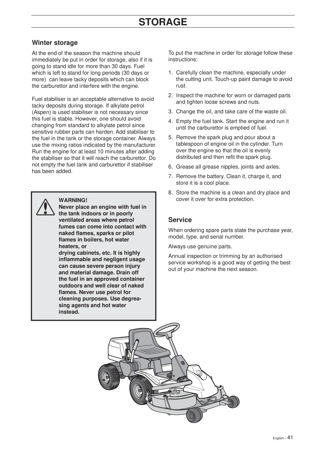 Husqvarna Rider 16 manual Storage, Winter storage, Service 