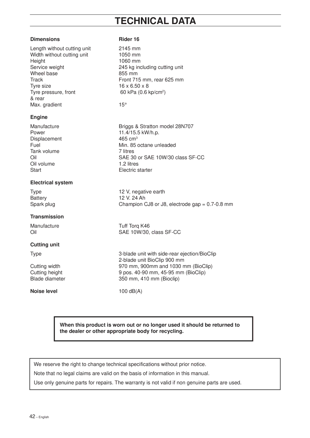 Husqvarna Rider 16 manual Technical Data 