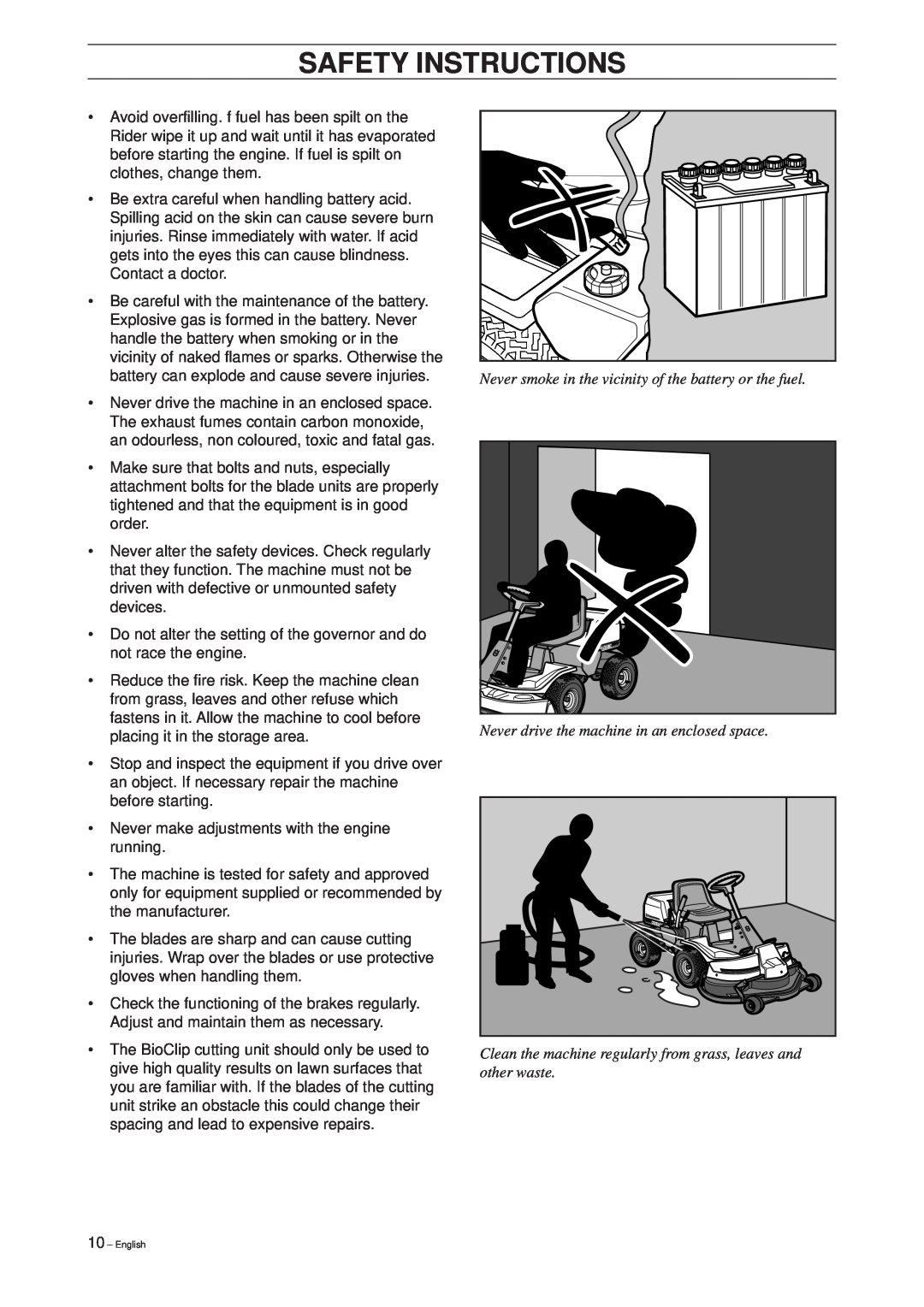 Husqvarna Rider 16 manual battery can explode and cause severe injuries, Safety Instructions 