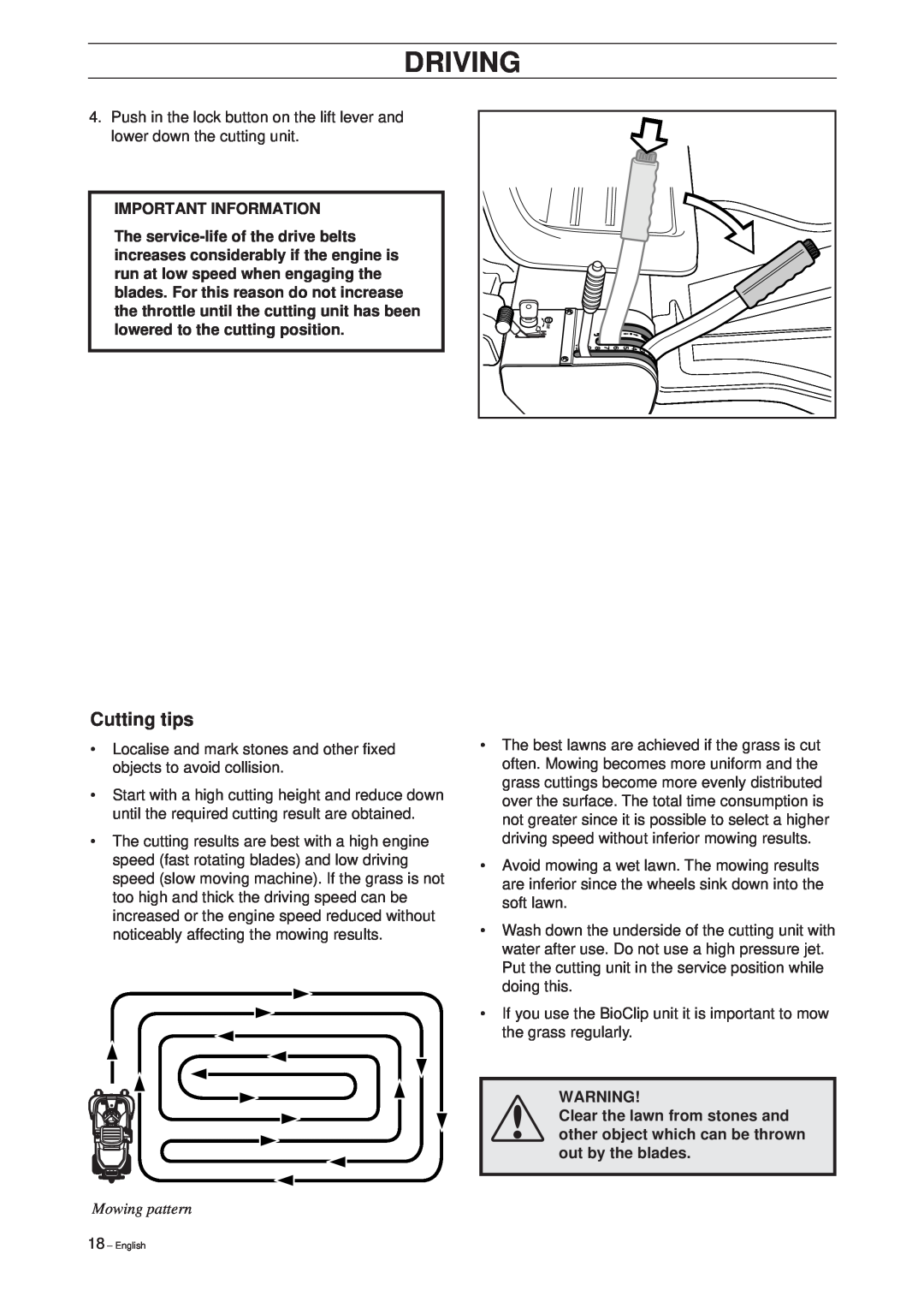Husqvarna Rider 16 manual Cutting tips, Mowing pattern, Driving, Important Information 