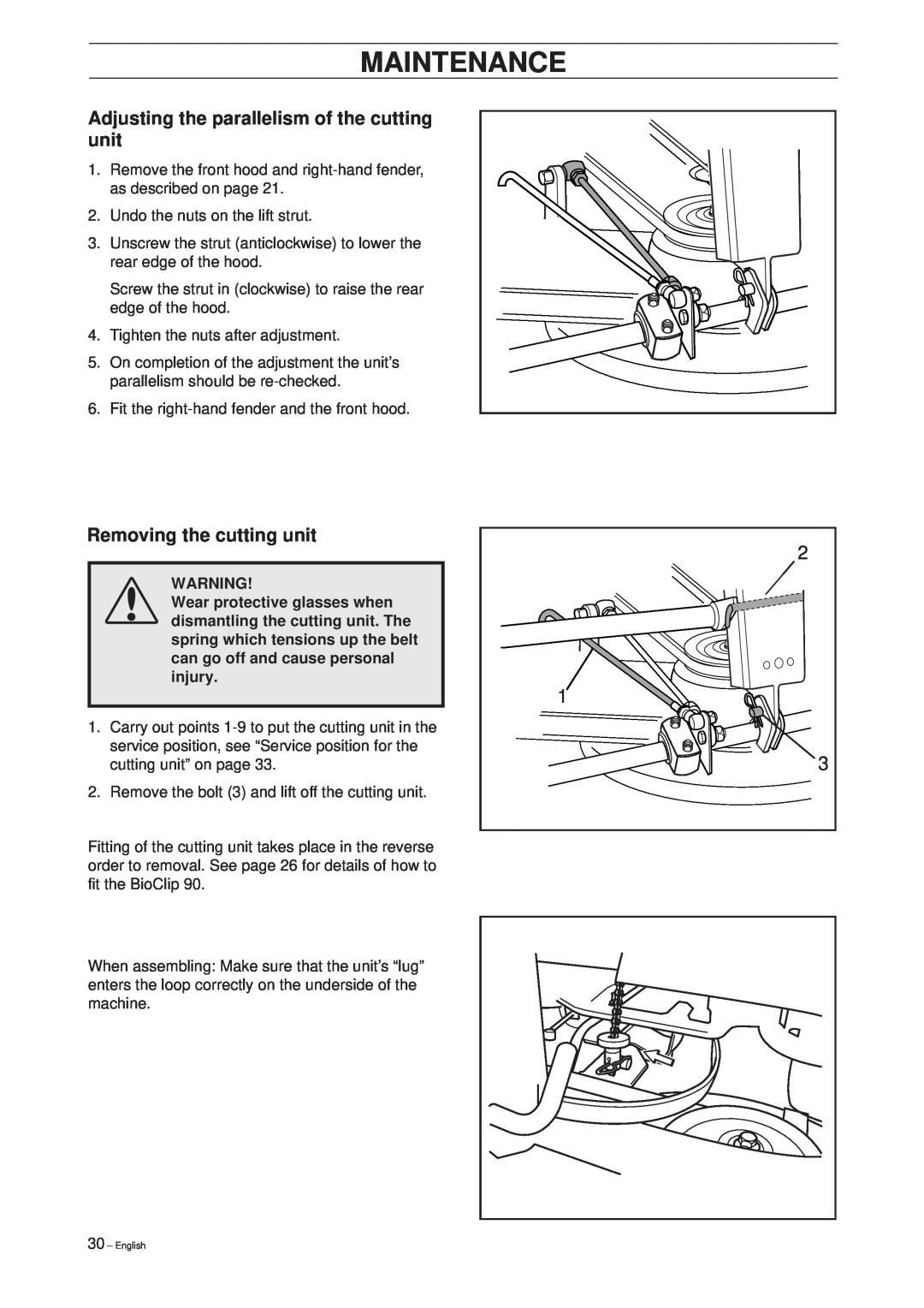 Husqvarna Rider 16 manual Adjusting the parallelism of the cutting unit, Removing the cutting unit, Maintenance 