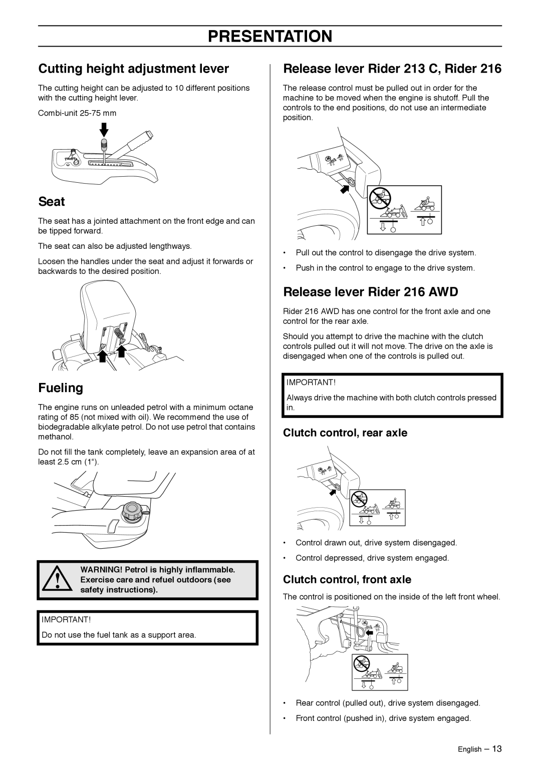 Husqvarna 216 Awd manual Cutting height adjustment lever, Seat, Fueling, Release lever Rider 213 C, Rider 