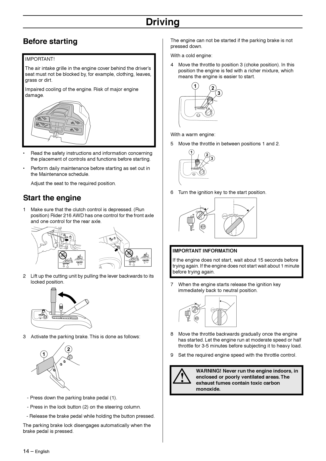 Husqvarna 216 Awd, Rider 213 C manual Driving, Before starting, Start the engine 