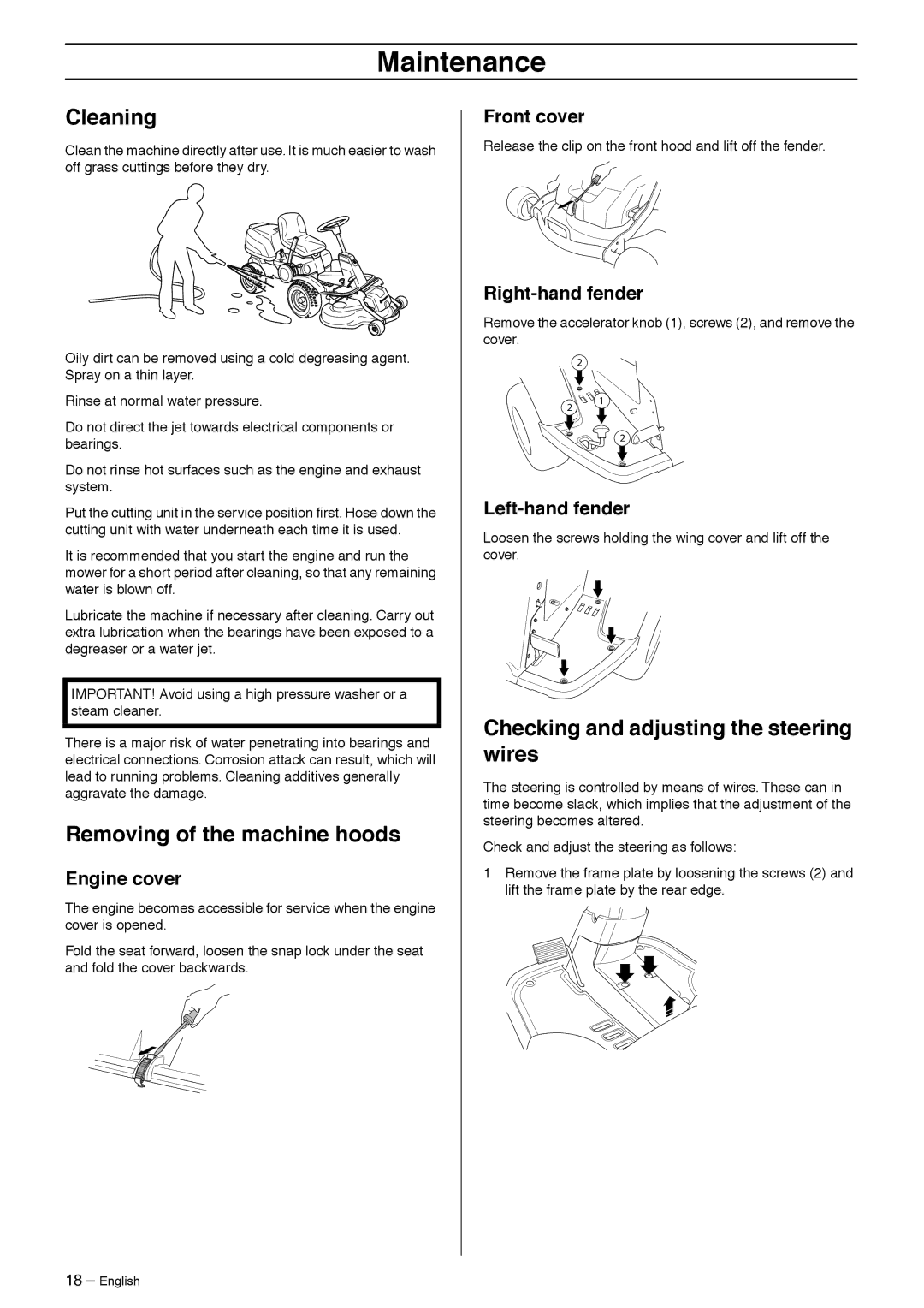 Husqvarna Rider 213 C, 216 Awd manual Cleaning, Removing of the machine hoods, Checking and adjusting the steering wires 