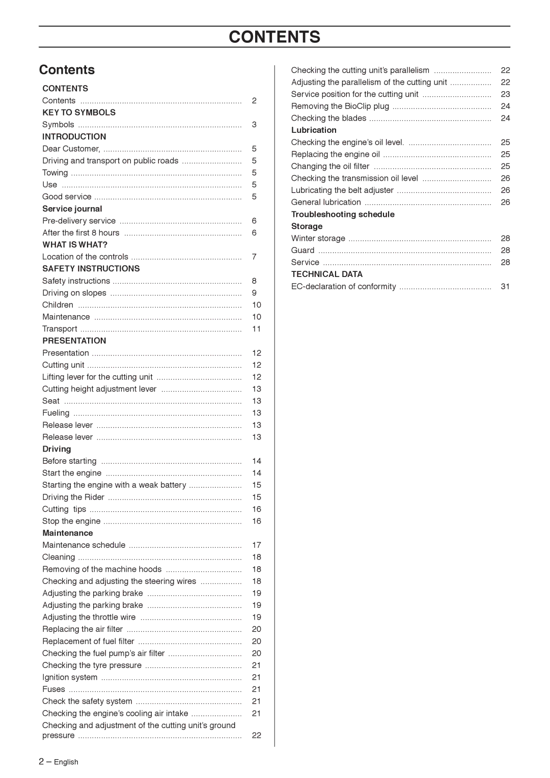 Husqvarna 216 Awd, Rider 213 C manual Contents 