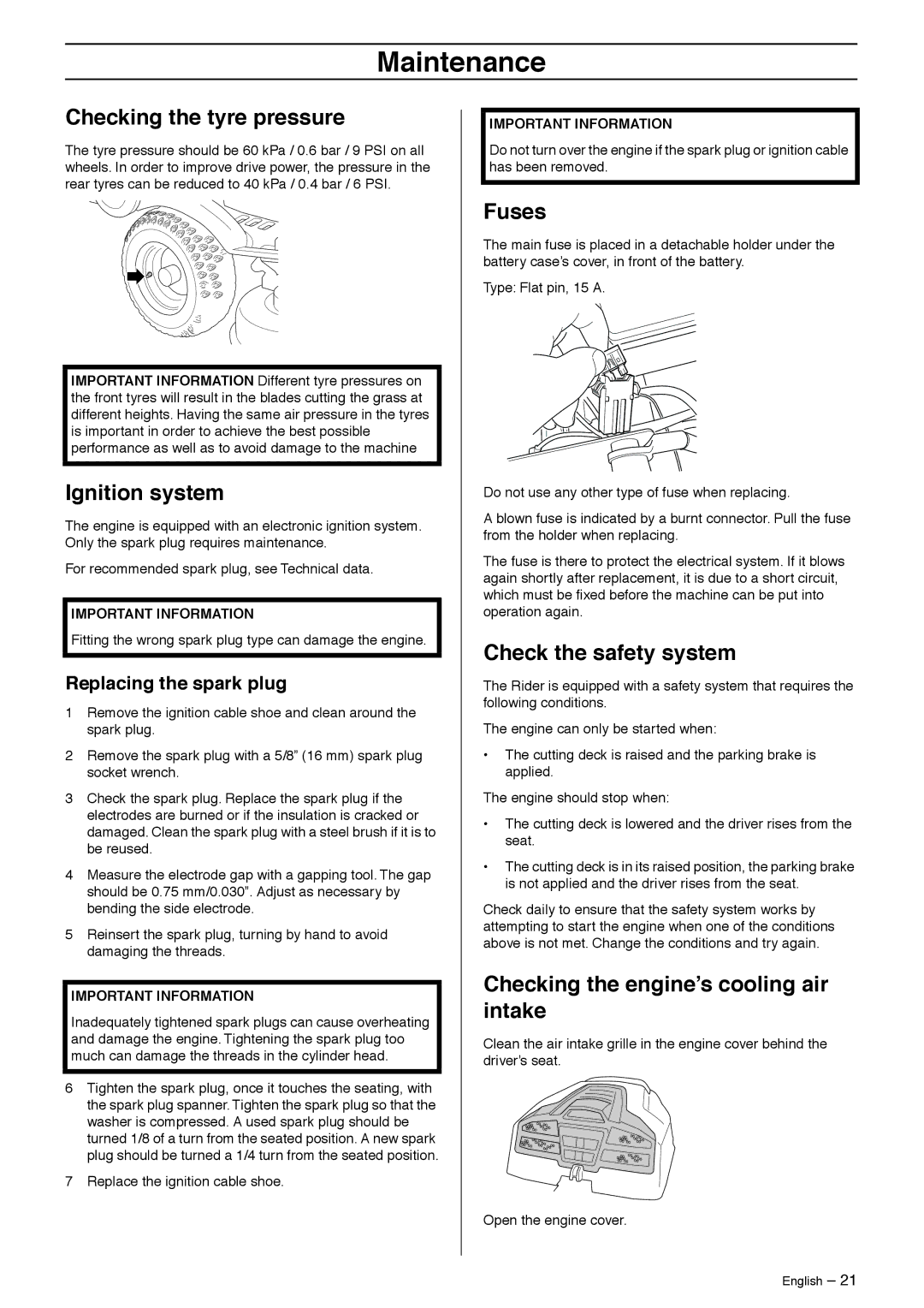 Husqvarna Rider 213 C, 216 Awd manual Checking the tyre pressure, Ignition system, Fuses, Check the safety system 