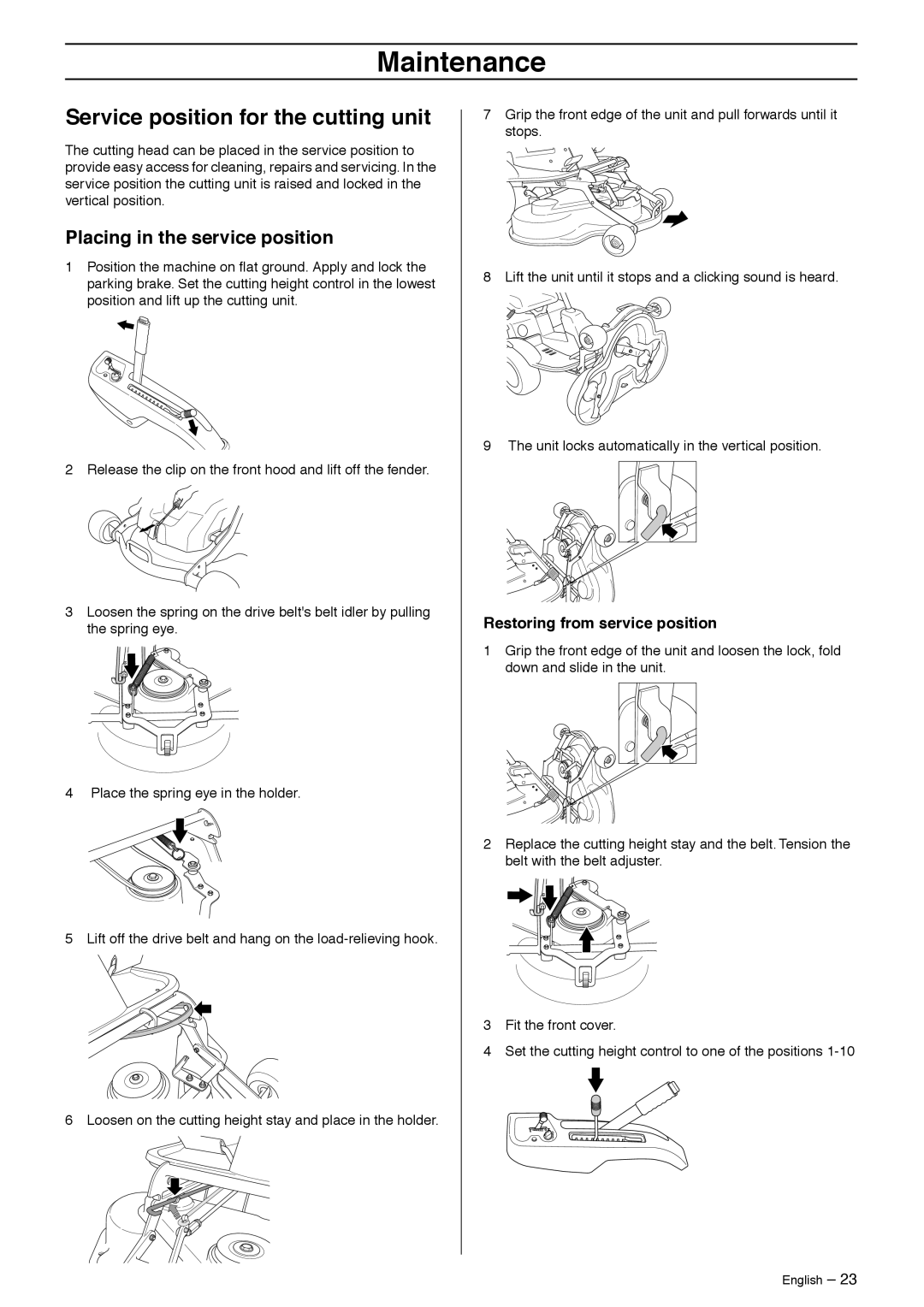 Husqvarna 216 Awd, Rider 213 C manual Service position for the cutting unit, Placing in the service position 