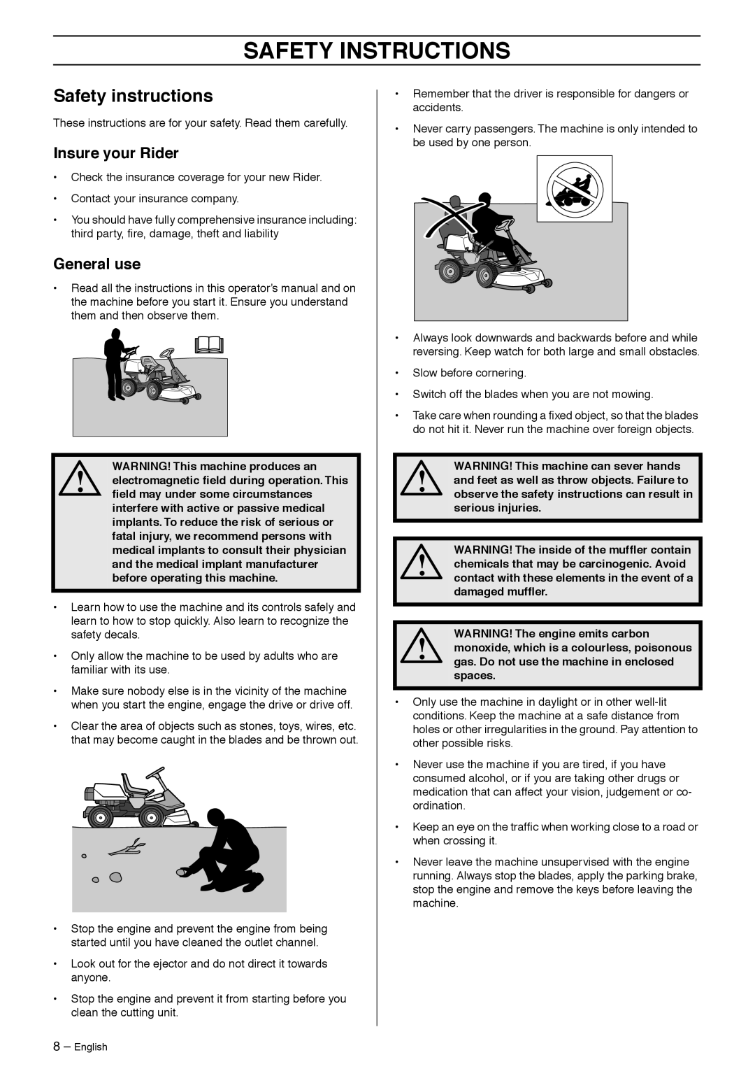 Husqvarna 216 Awd, Rider 213 C manual Safety Instructions, Safety instructions, Insure your Rider, General use 