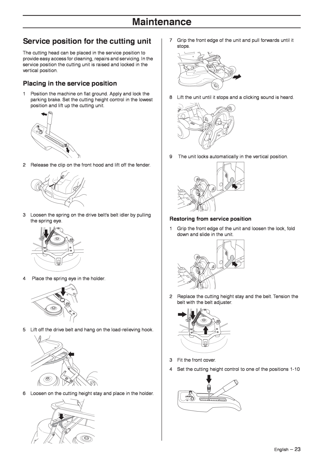Husqvarna 216 Awd, Rider 213 C manual Service position for the cutting unit, Placing in the service position, Maintenance 