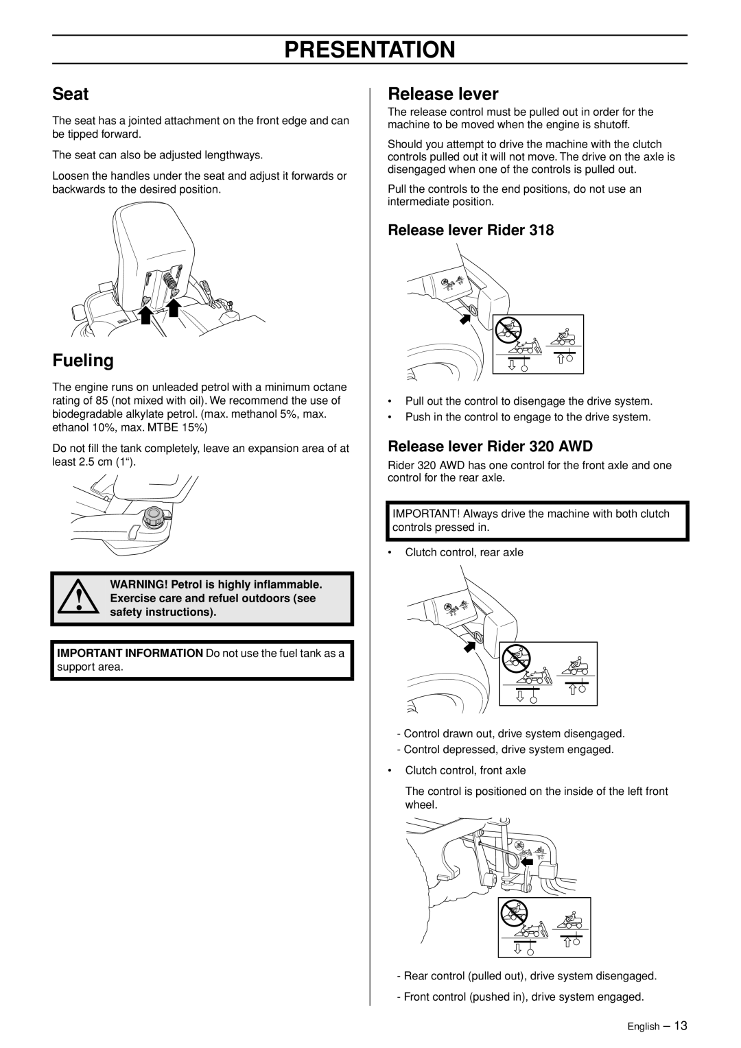 Husqvarna Rider 318 manual Seat, Fueling, Release lever Rider 320 AWD 
