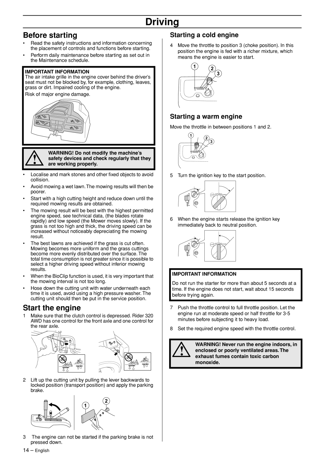 Husqvarna Rider 320 AWD manual Driving, Before starting, Start the engine, Starting a cold engine, Starting a warm engine 