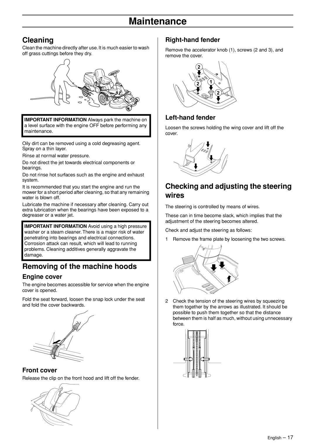 Husqvarna Rider 318, Rider 320 AWD manual Cleaning, Removing of the machine hoods, Checking and adjusting the steering wires 