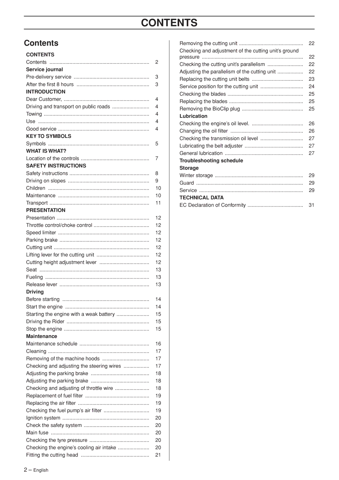 Husqvarna Rider 320 AWD, Rider 318 manual Contents 