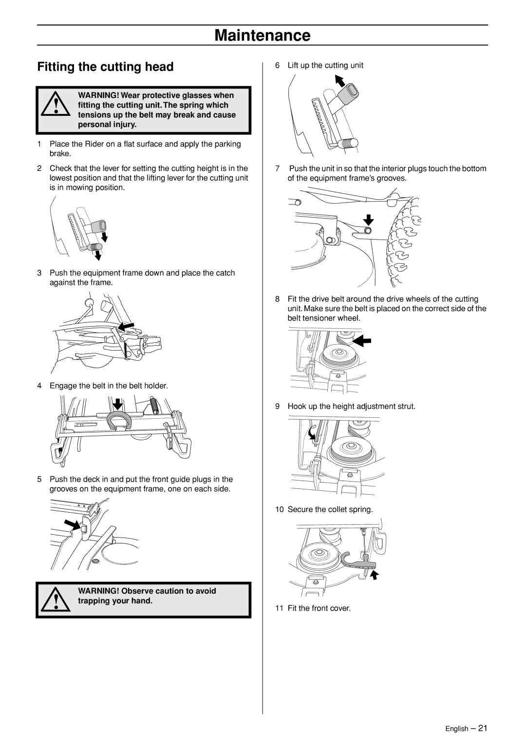 Husqvarna Rider 318, Rider 320 AWD manual Fitting the cutting head, Trapping your hand 