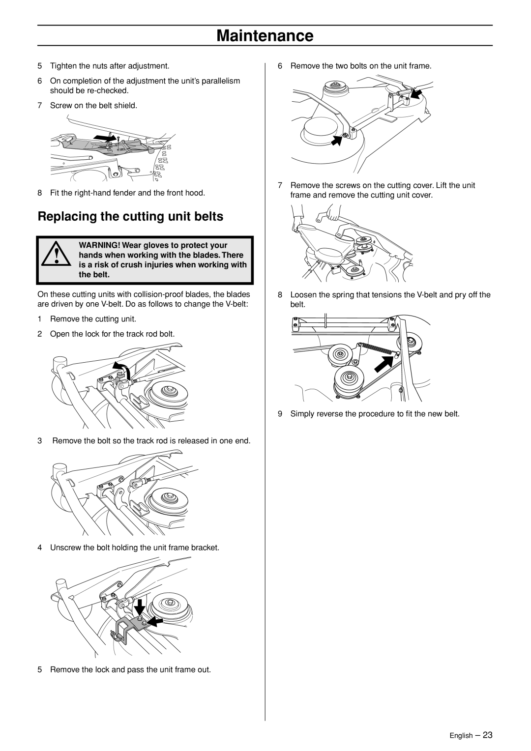 Husqvarna Rider 318, Rider 320 AWD manual Replacing the cutting unit belts 