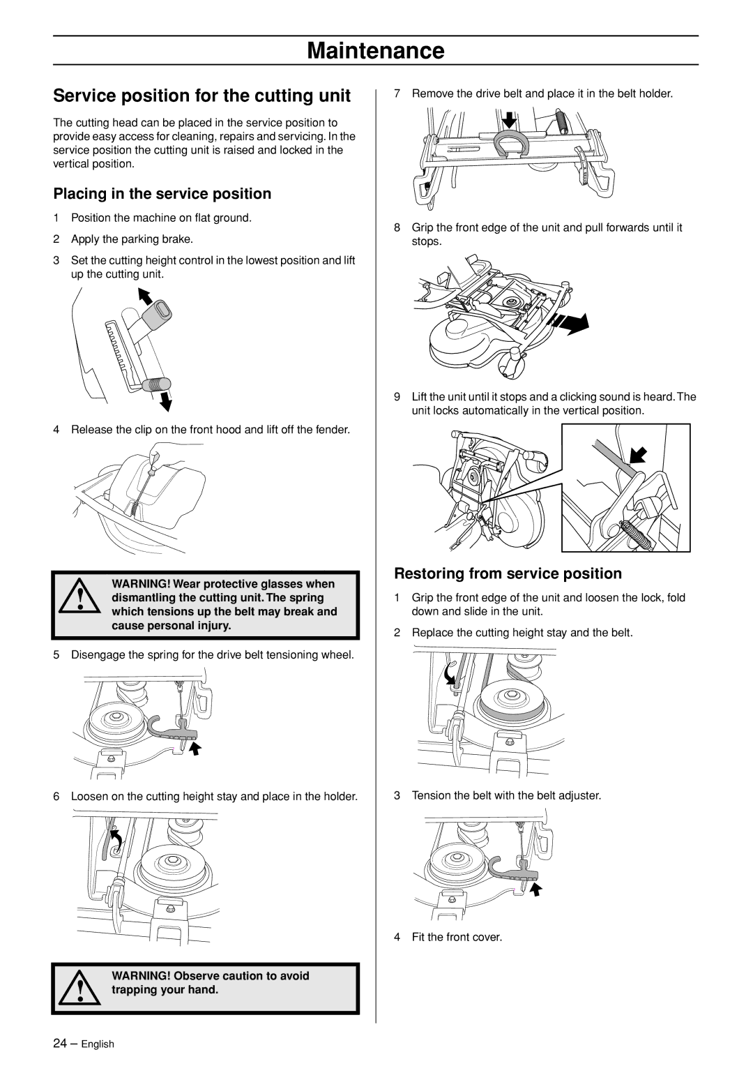 Husqvarna Rider 320 AWD, Rider 318 manual Service position for the cutting unit, Placing in the service position 