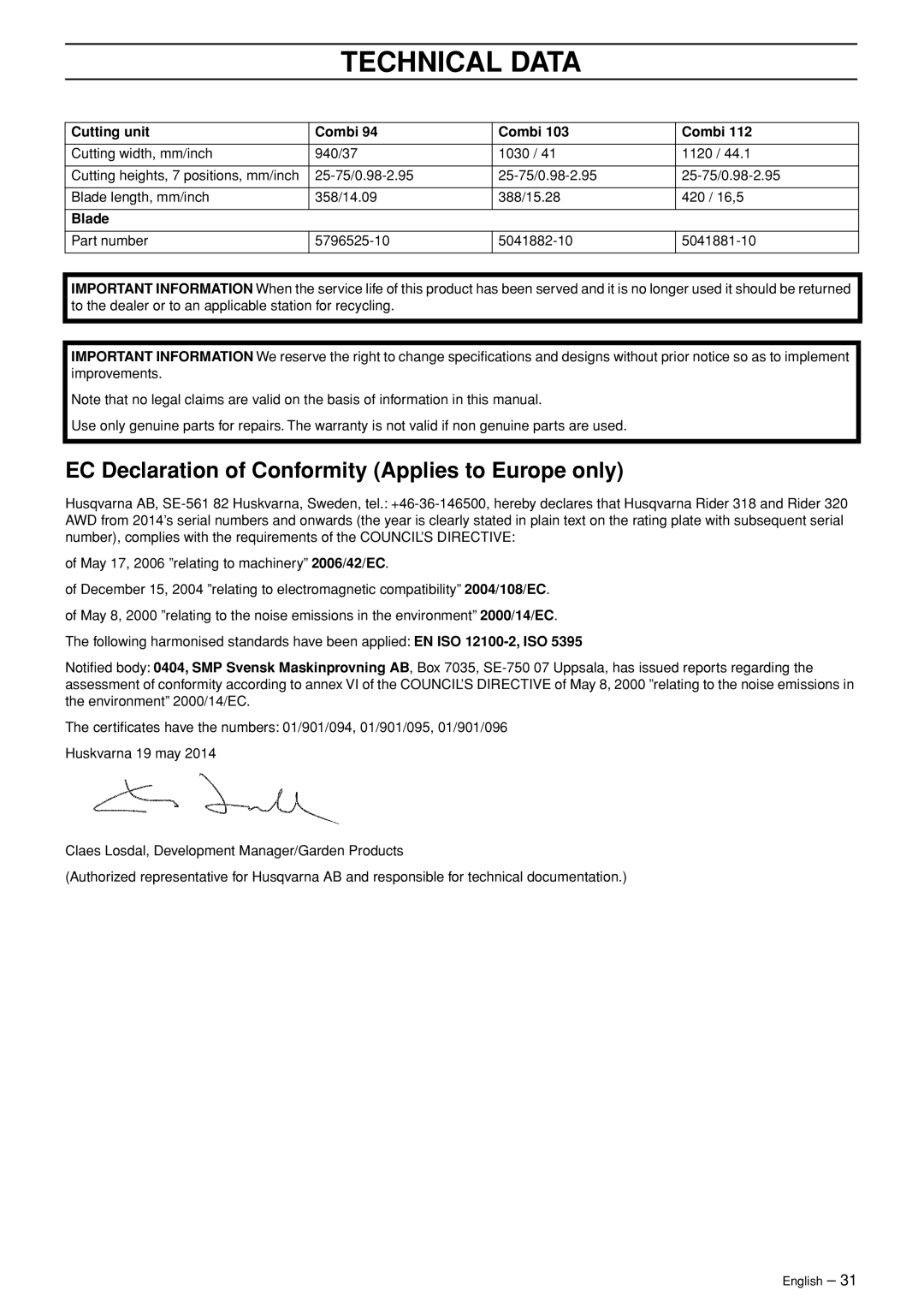 Husqvarna Rider 318, Rider 320 AWD manual EC Declaration of Conformity Applies to Europe only, Cutting unit Combi, Blade 