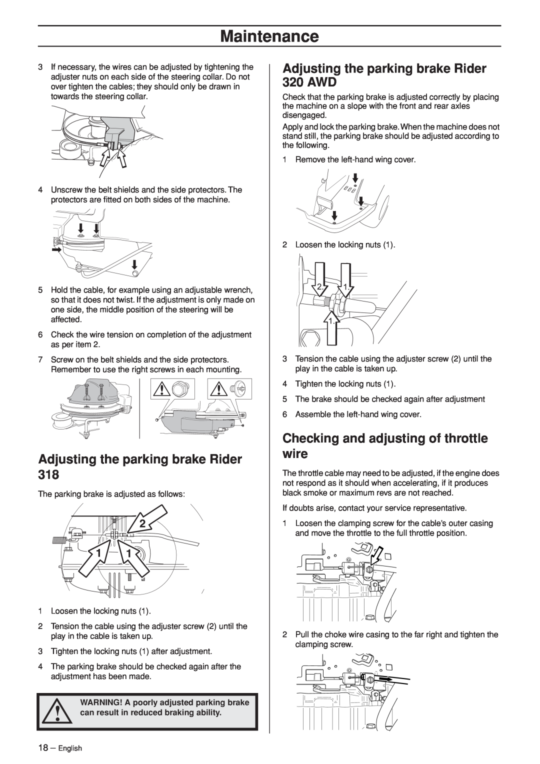 Husqvarna manual Adjusting the parking brake Rider 320 AWD, Checking and adjusting of throttle wire, Maintenance 