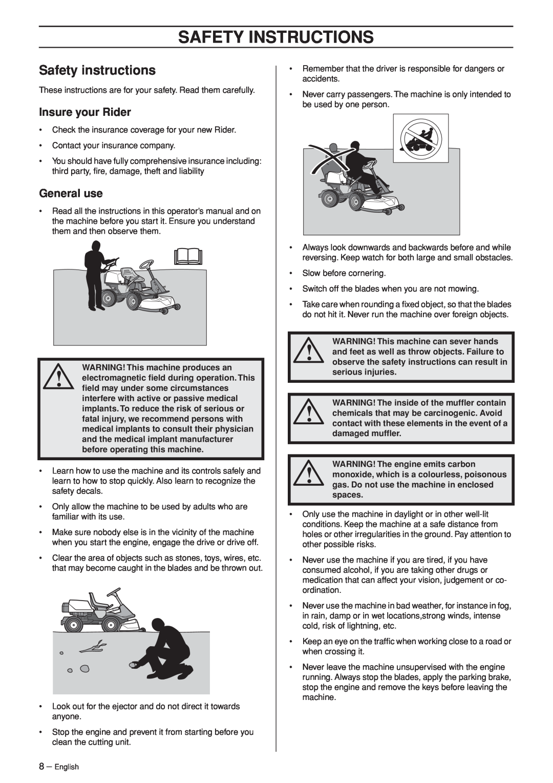 Husqvarna Rider 320 AWD Safety Instructions, Safety instructions, Insure your Rider, General use, serious injuries, spaces 