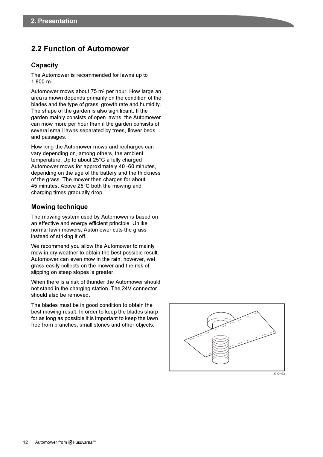 Husqvarna Robotic Lawn Mowe manual Function of Automower, Capacity, Mowing technique 