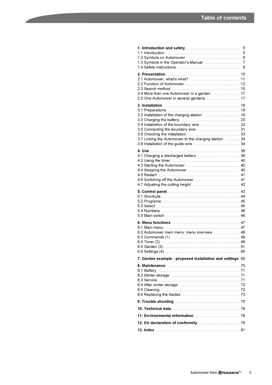 Husqvarna Robotic Lawn Mowe manual Table of contents 