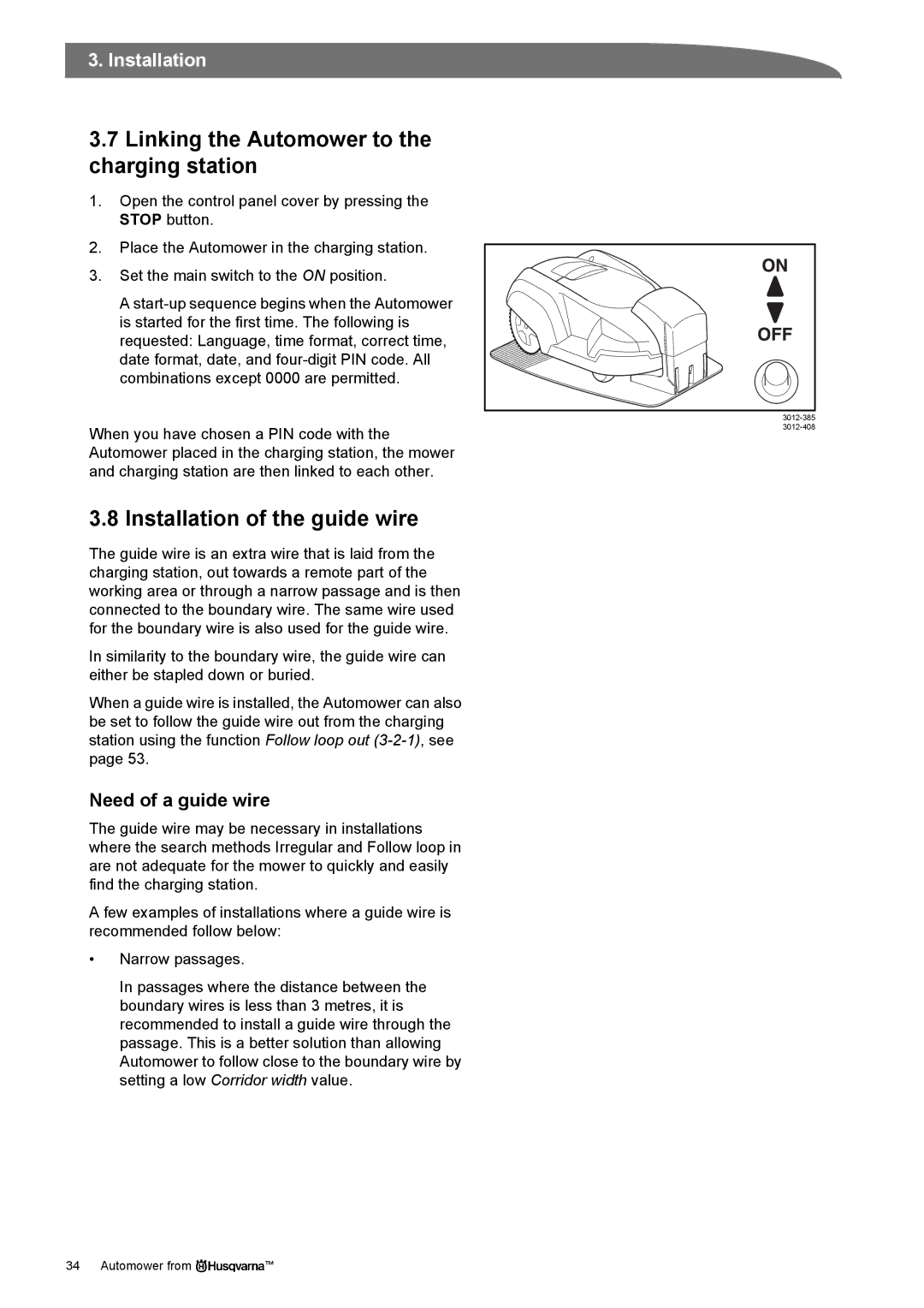 Husqvarna Robotic Lawn Mowe manual Linking the Automower to the charging station, Installation of the guide wire 