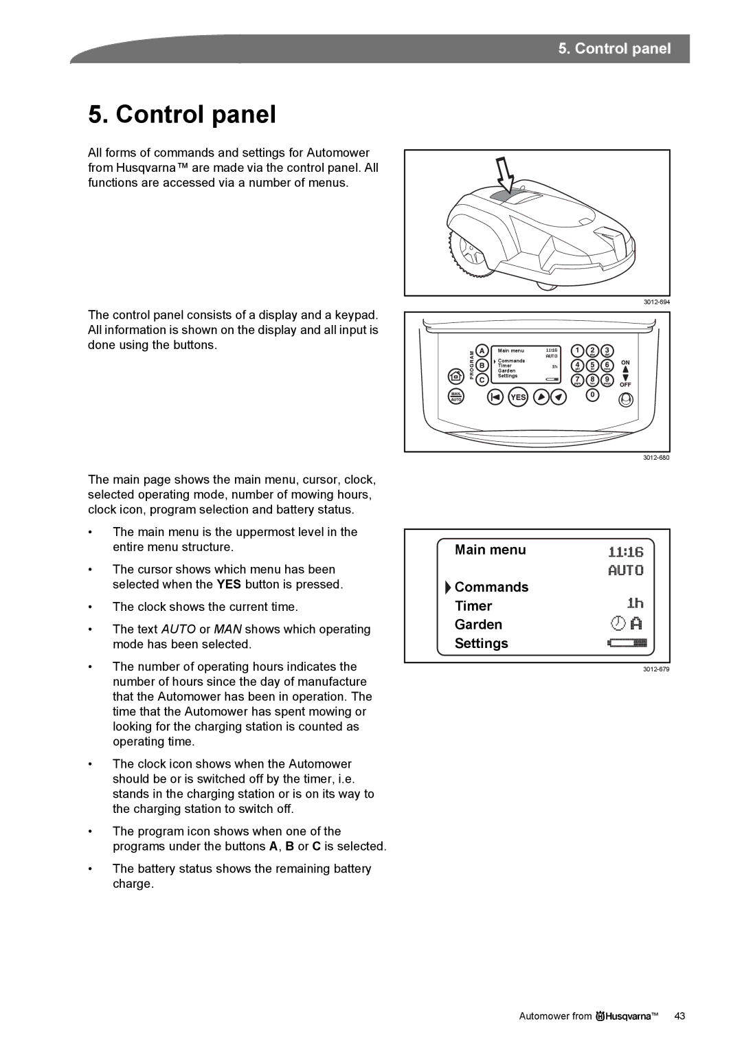 Husqvarna Robotic Lawn Mowe manual Control panel 