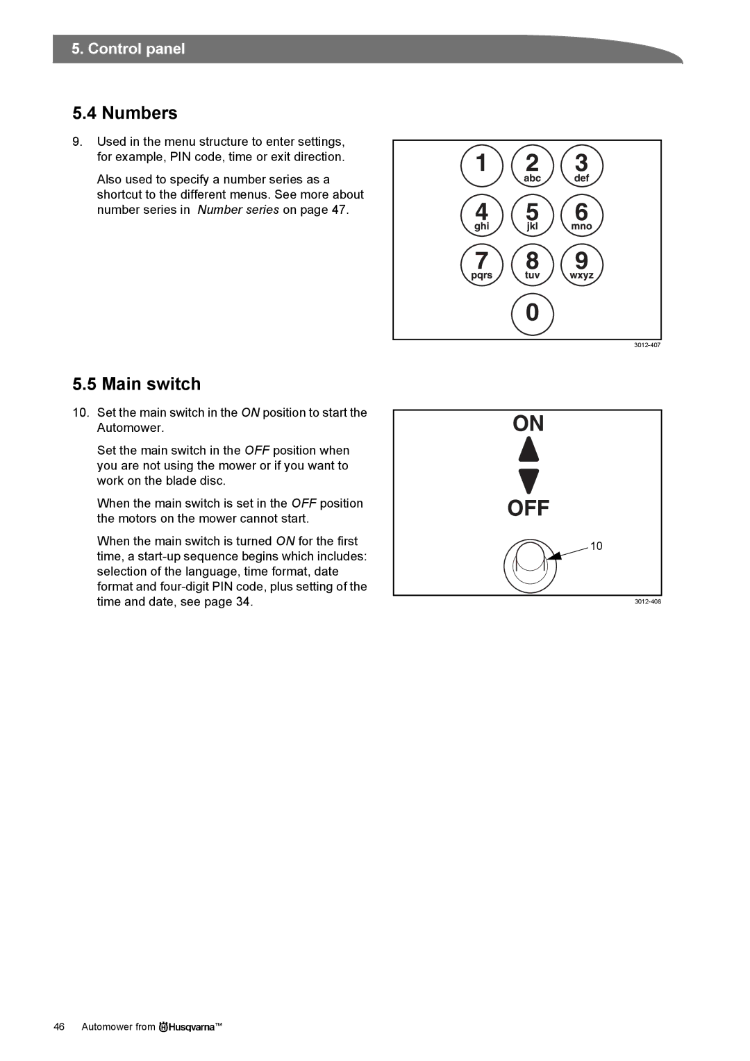 Husqvarna Robotic Lawn Mowe manual Numbers, Main switch 