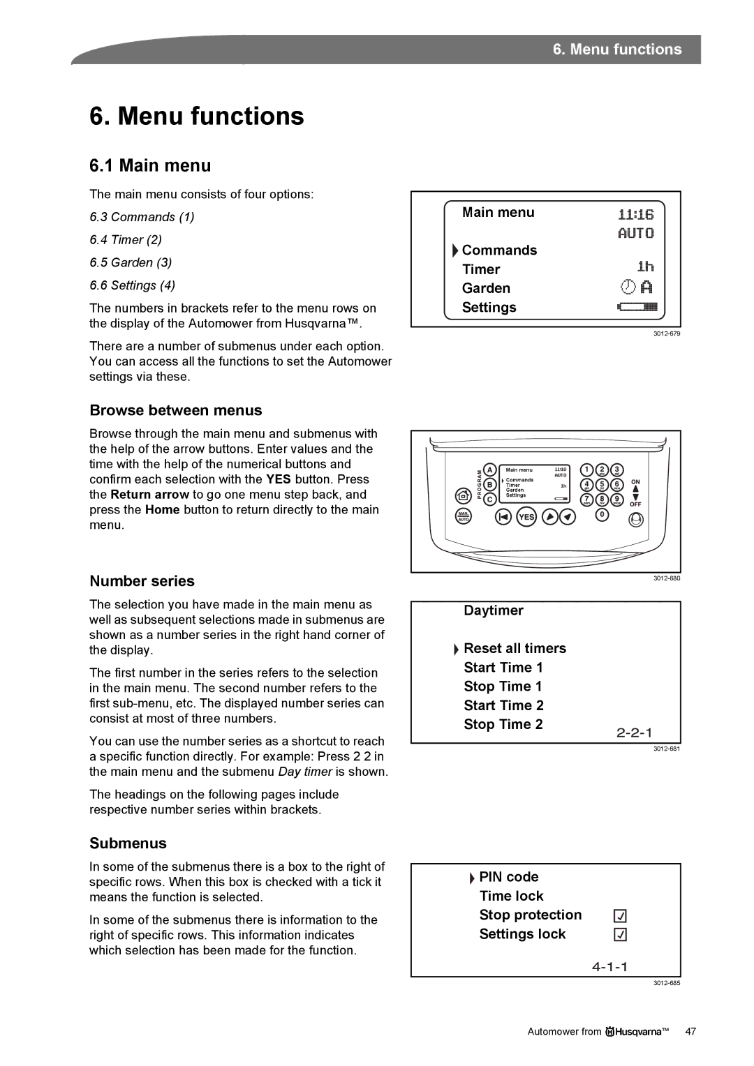 Husqvarna Robotic Lawn Mowe manual Menu functions, Main menu, Browse between menus, Number series, Submenus 