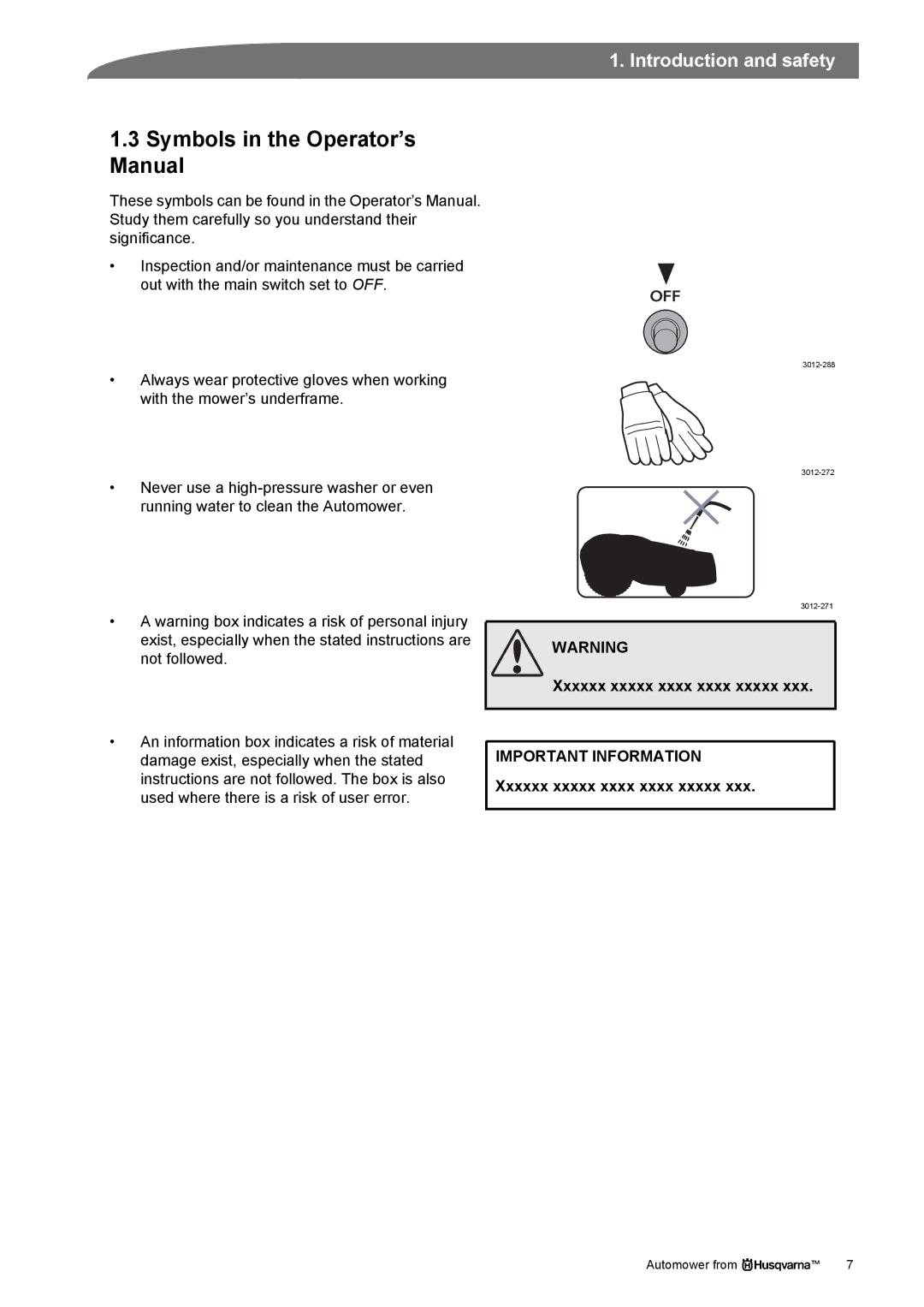 Husqvarna Robotic Lawn Mowe manual Symbols in the Operator’s Manual, Xxxxxx xxxxx xxxx xxxx xxxxx 