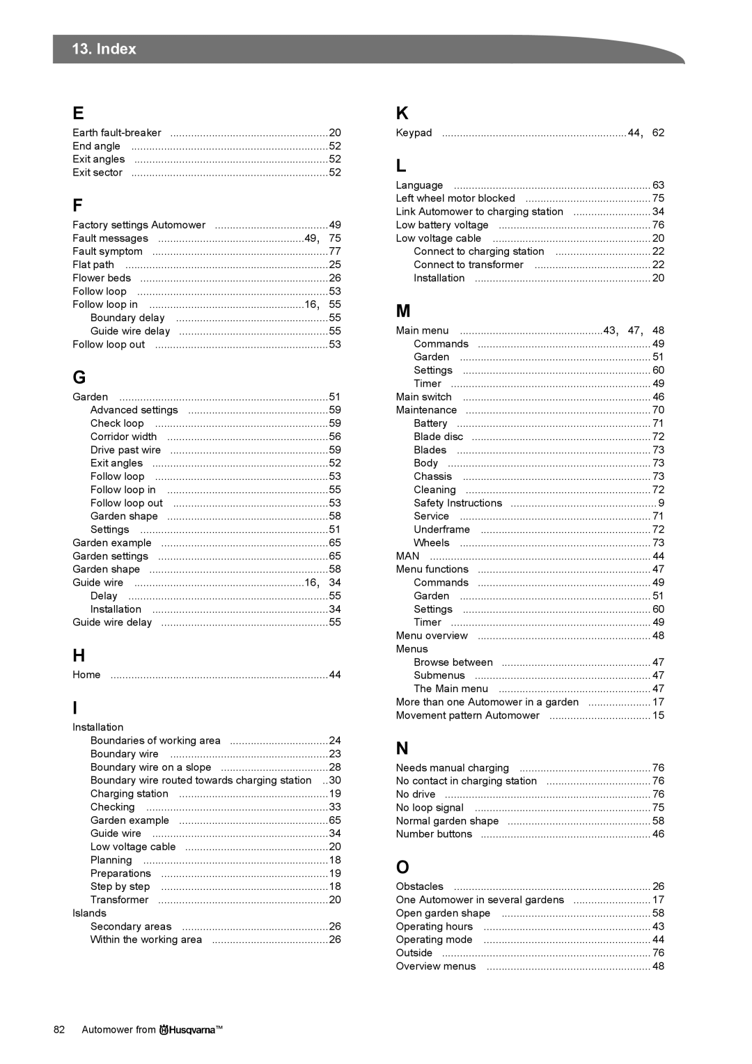 Husqvarna Robotic Lawn Mowe manual Main menu 43, 47 