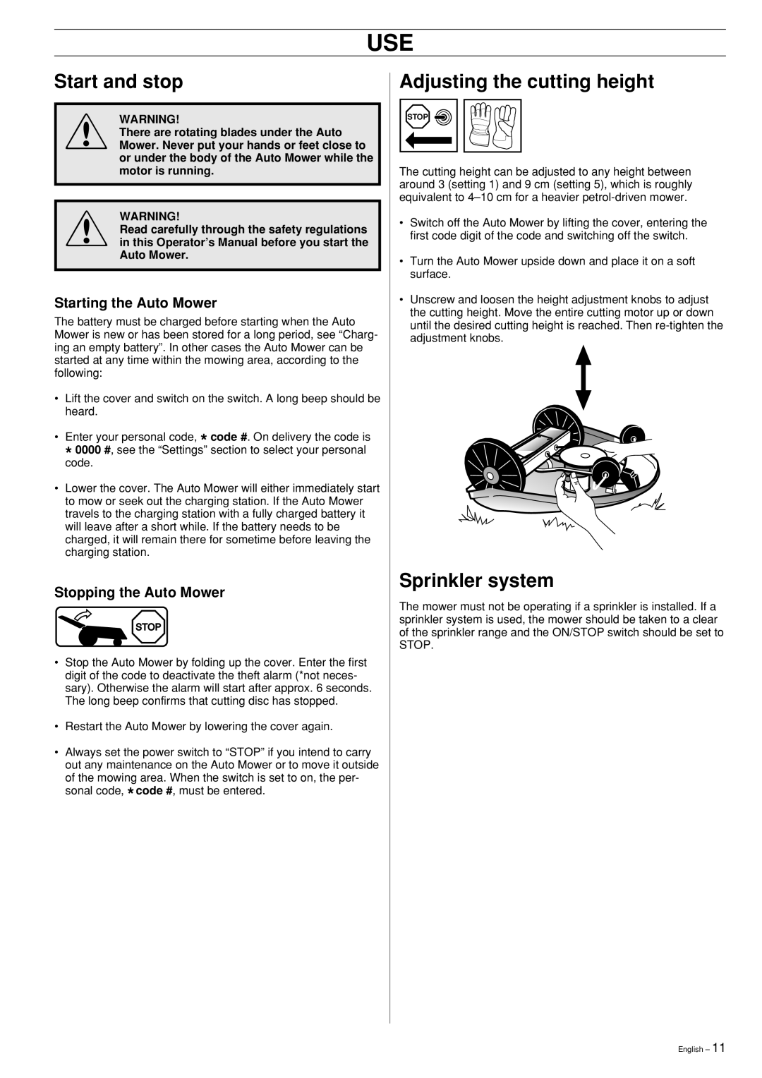 Husqvarna Robotic Lawn Mower manual Use, Start and stop, Adjusting the cutting height, Sprinkler system 