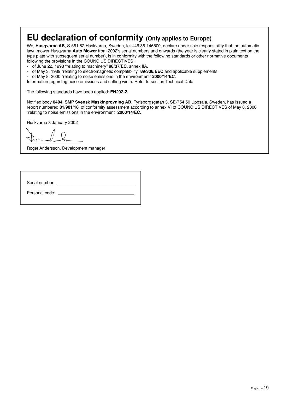 Husqvarna Robotic Lawn Mower manual EU declaration of conformity Only applies to Europe 